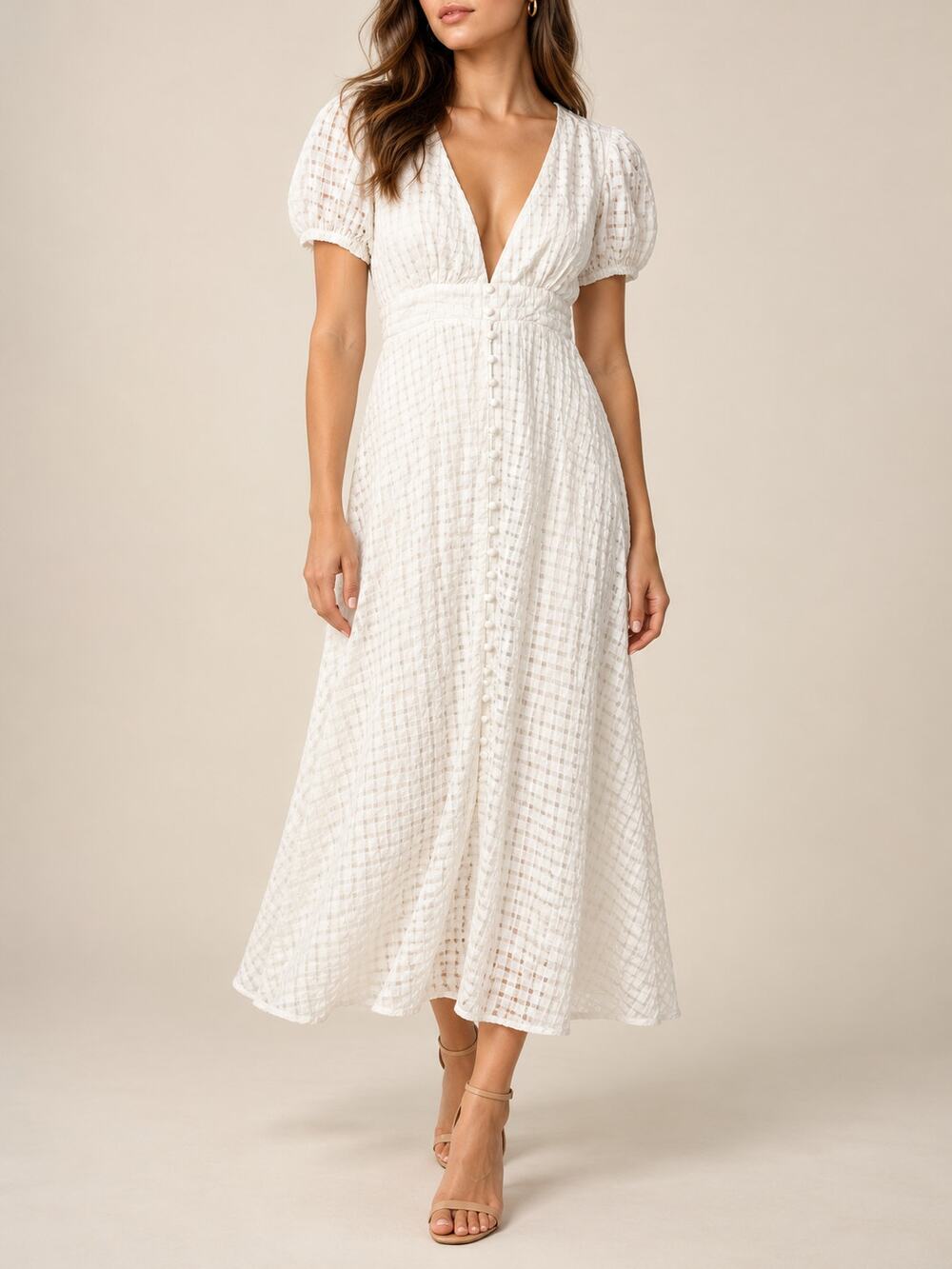 Hello Molly Womens Midi Dress US 6 White Plunge Neck Button Front Puff Sleeve